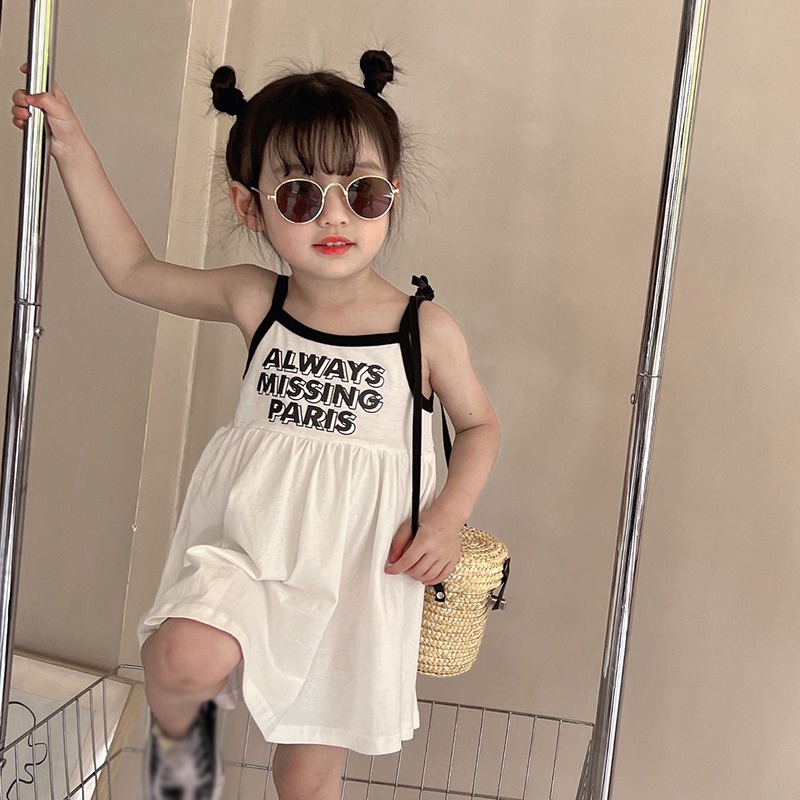 Đầm Đi Biển Hai Dây Không Tay In Chữ Thời Trang Mùa Hè Cho Bé Gái