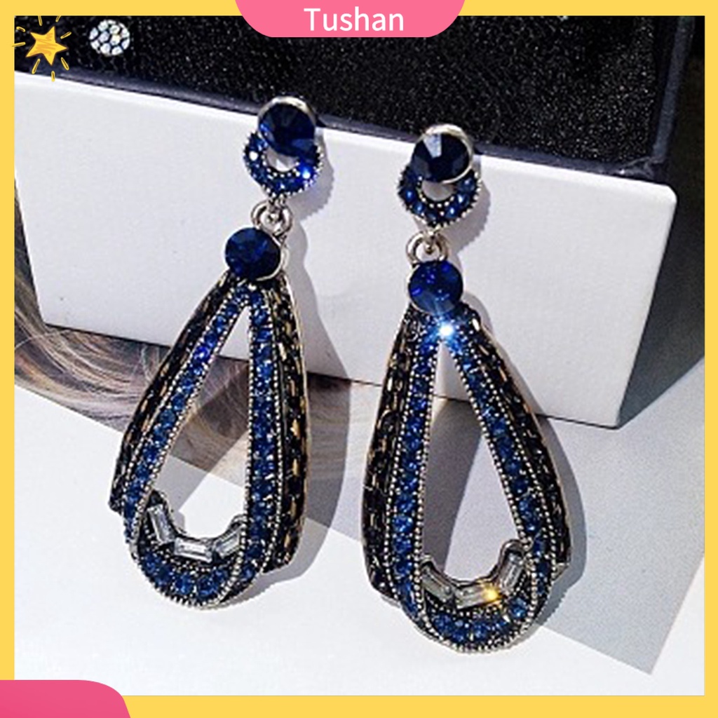 Bông tai dáng dài đính đá xanh dương thời trang dự tiệc cho nữ