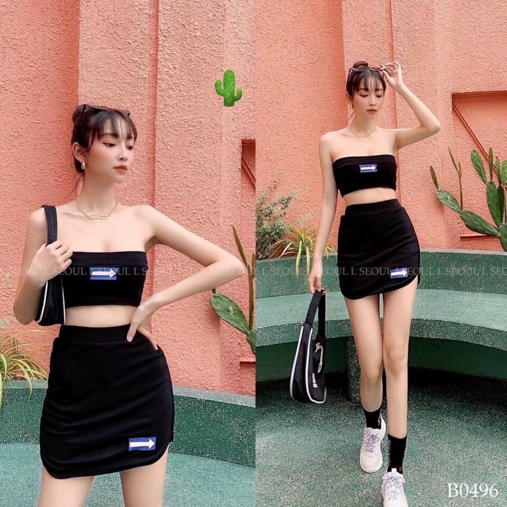 set áo ống in mũi tên kèm chân váy ngắn ôm chất thun đẹp pc