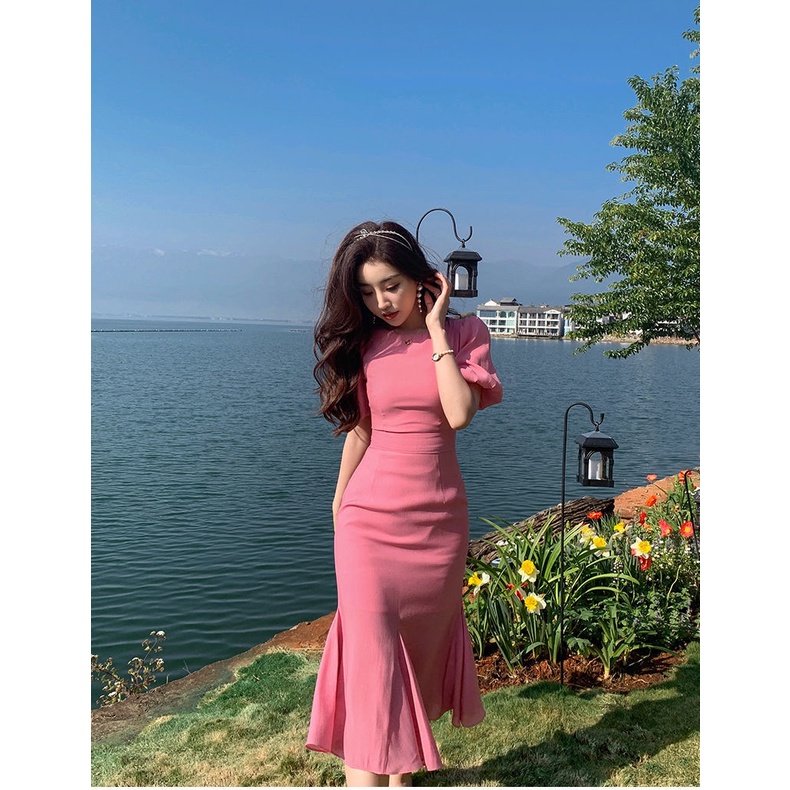 Đầm Đuôi Cá Dáng Ôm Màu Hồng Thời Trang Mùa Hè Dành Cho Nữ