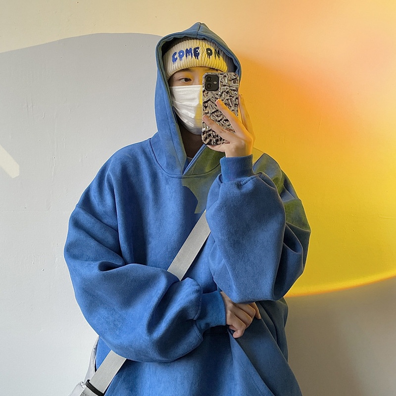 Áo khoác hoodie da lộn dáng rộng thiết kế năng động dành cho nam
