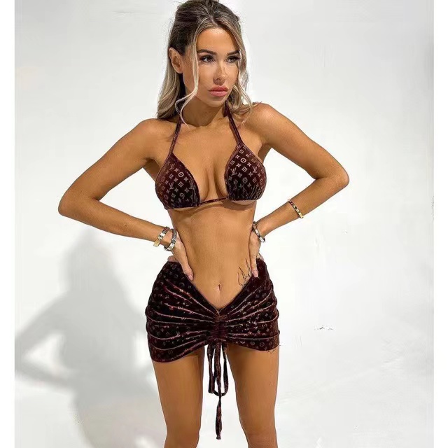 Bộ Đồ Bơi Bikini Vải Nhung Vàng Họa Tiết Chữ Quyến Rũ Cho Nữ