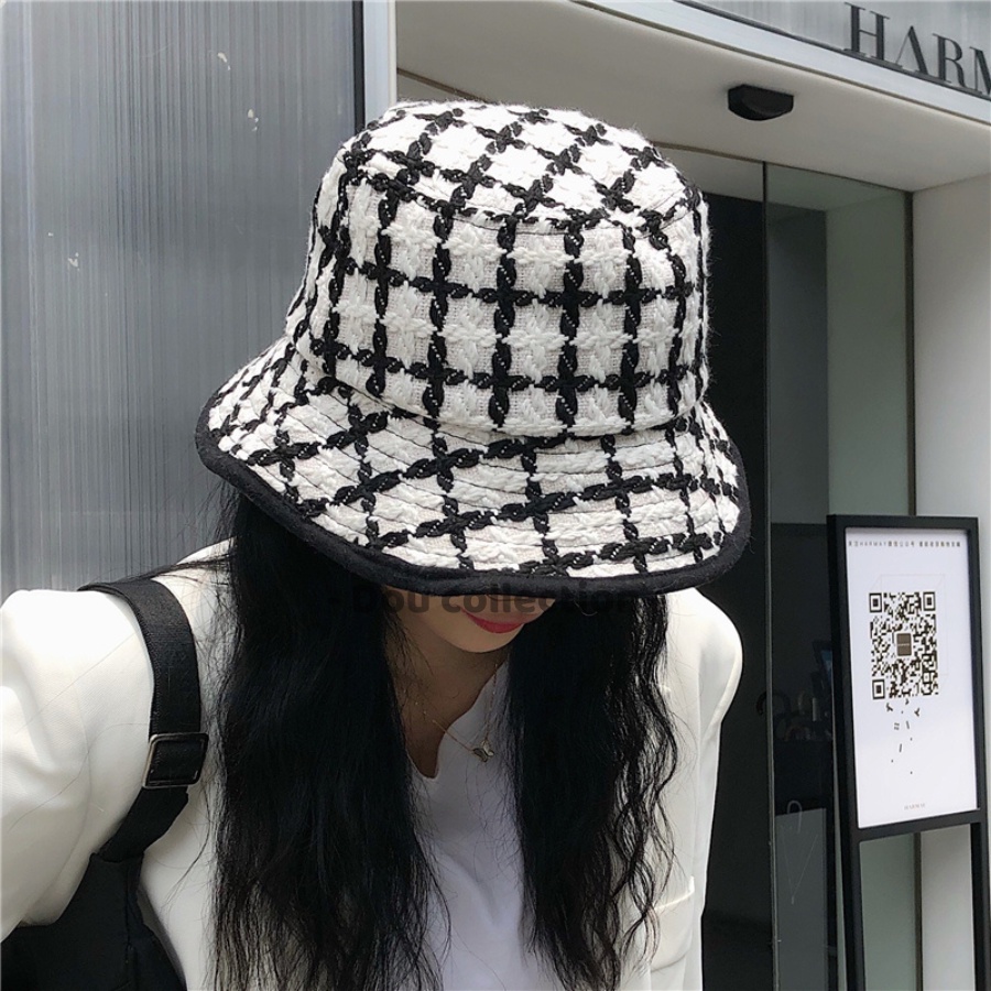 Mũ bucket len Unisex Retro vành ngắn họa tiết Houndstooth &amp; Caro thu đông phong cách Nhật Bản - Mã NV038