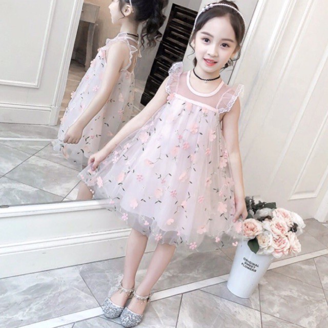 Đầm công chúa cánh tiên, váy công chúa cánh tiên phối ren thêu hoa xinh xắn cho bé gái 8-14kg