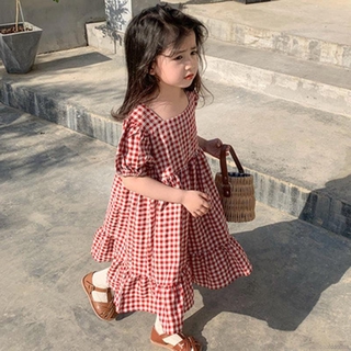Đầm công chúa tay ngắn kẻ sọc caro xinh xắn cho bé gái