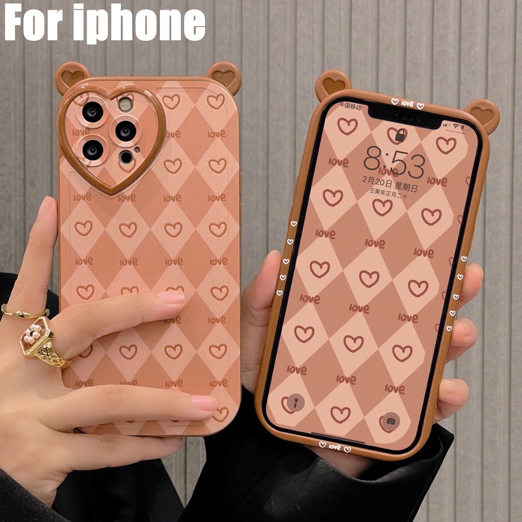 Ốp Điện Thoại TPU Họa Tiết Hoa Hồng Tai Gấu Cho iphone 13 12 11 pro max XS max 7 8 plus XR X