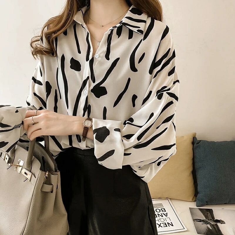 THEODORA M-4XL White/Black graffiti print turn-down collar long sleeve women shirt Button down plus size temperament office lady blouse Loose long women modern wear