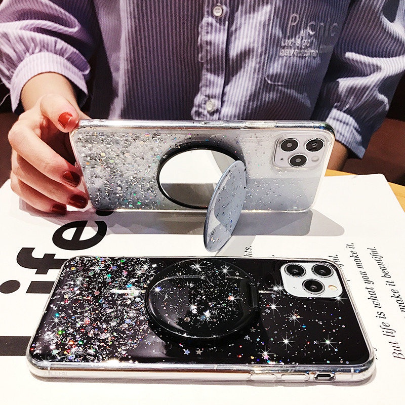 Case iPhone 12 Mini 11 Pro Max 6 6S 7 8 Plus X XR XS XS Max SE 2020 Epoxy Silver Foil Glitter Phone Case With a round mirror