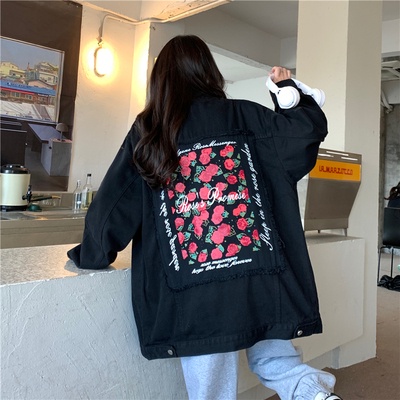 Áo Khoác denim Dáng Rộng Thêu Hoa Hồng Thời Trang Xuân Thu Cho Nữ