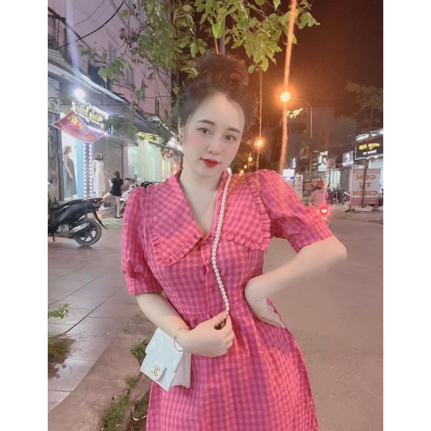 Váy kẻ cổ bèo cúc bọc