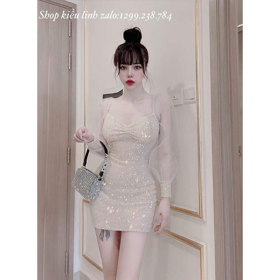 (Sale FreeShip) Đầm body nhũ kim sa đi tiệc,đầm nữ hàng thiết kế cổ V tay phối lưới sang chảnh,hàng chuẩn shop có mút