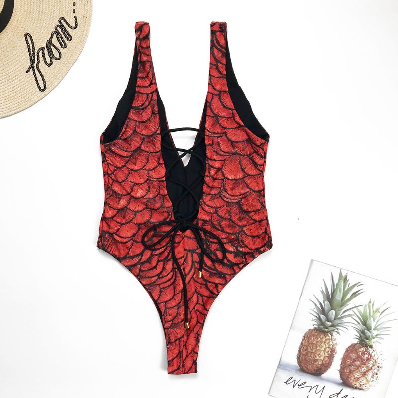 Xiangbao Bikini Một Mảnh Cổ Chữ V Khoét Sâu Hở Lưng Họa Tiết Vảy Cá Có Dây Chéo Gợi Cảm Cho Nữ