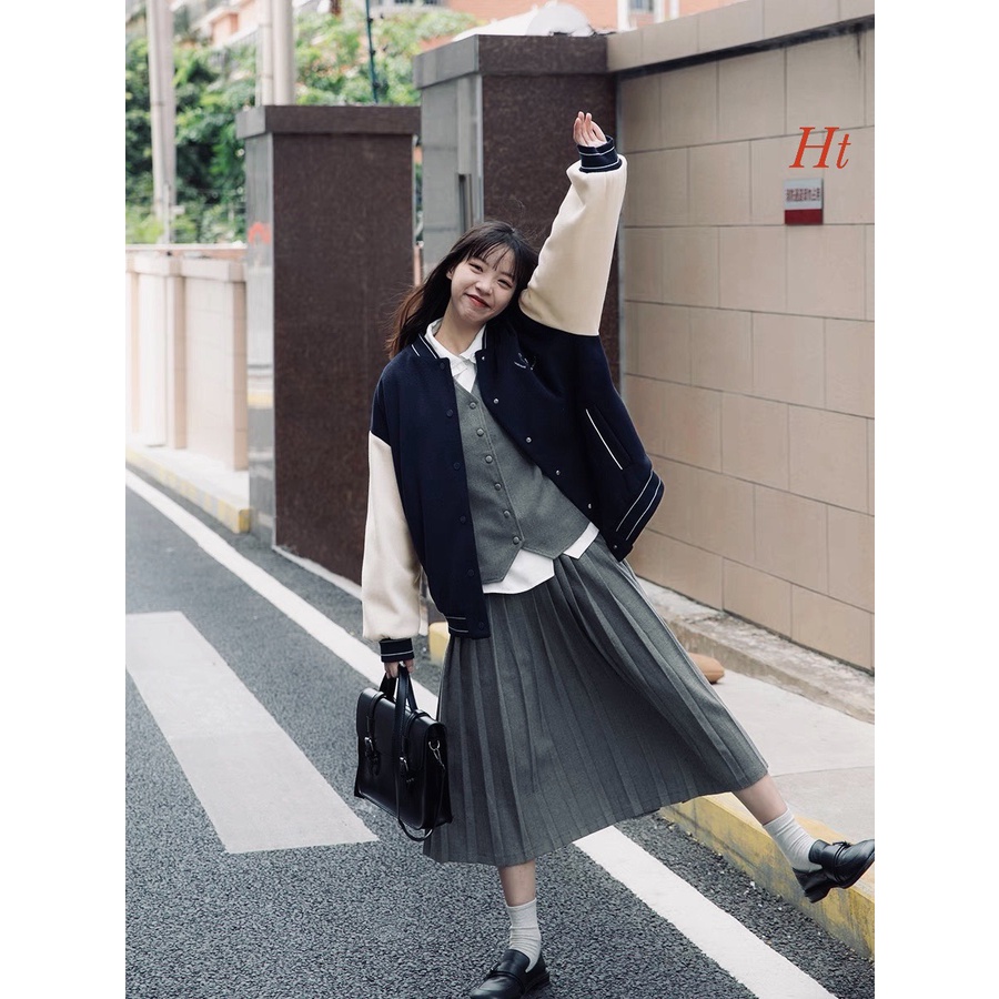 Áo Khoác Bomber Thỏ Nhật Unisex nam nữ Chất Nỉ Cotton Tay Phối Trắng