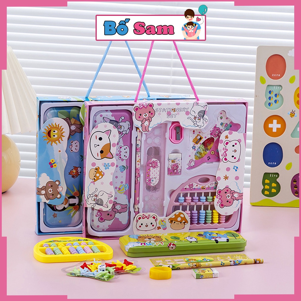 Bộ dụng cụ học tập 8 chi tiết hộp bút, thước kẻ, bàn tính, tẩy, bút chì cute Shop Bố Sam