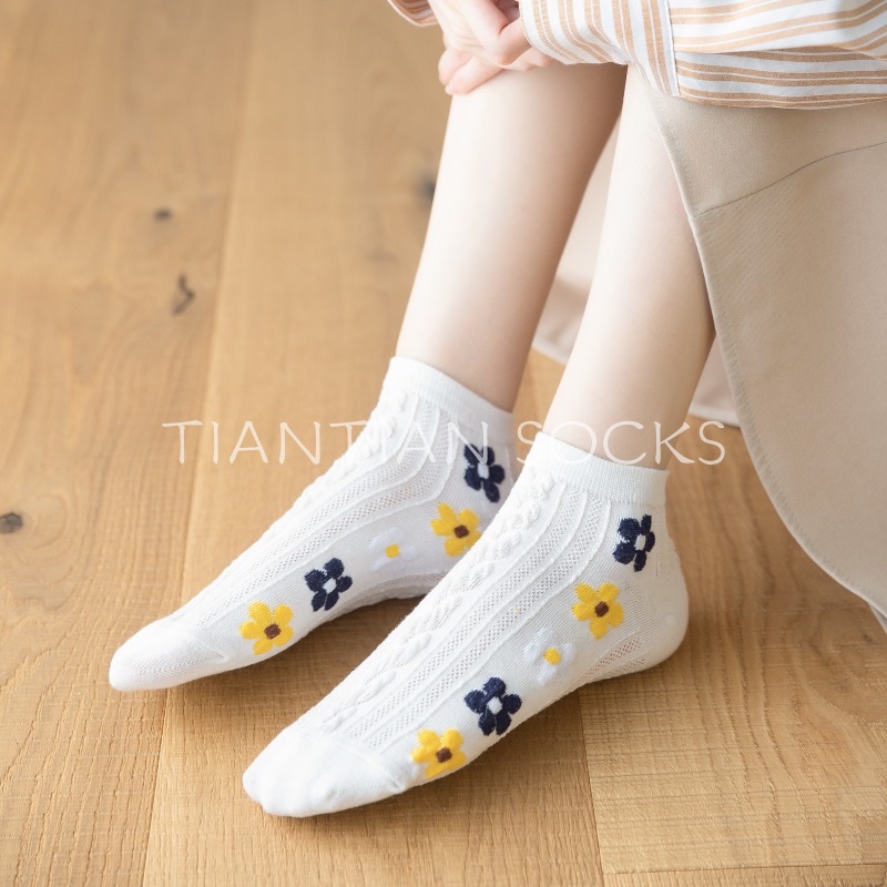 TIAN TIAN T213 Vớ Thuyền Ba Chiều Đáy Cotton Nguyên Chất Dập Nổi Họa Tiết Hoa Nhỏ Phong Cách Nhật Bản Hàn Quốc Ngọt Ngào Cho Nữ