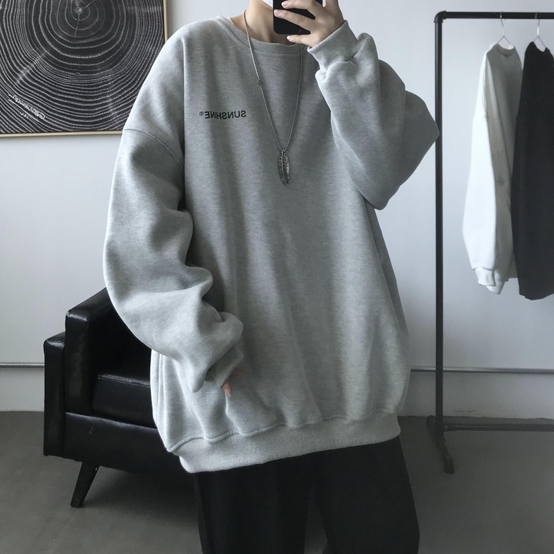 Áo Sweater cổ tròn dáng rộng màu trơn in chữ đơn giản dễ phối đồ cho nam