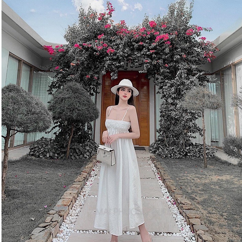 Đầm babydoll 2 dây nhún thun nút ngọc