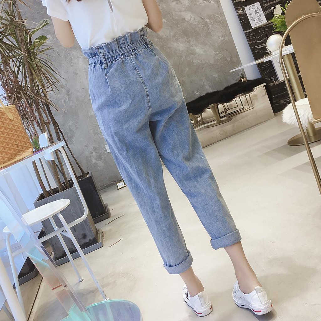 Phong cách Hàn Quốc quần ống rộng hoa nhí âu nữ thẳng lưng cao denim học sinh cạp đa năng cắt xén harem