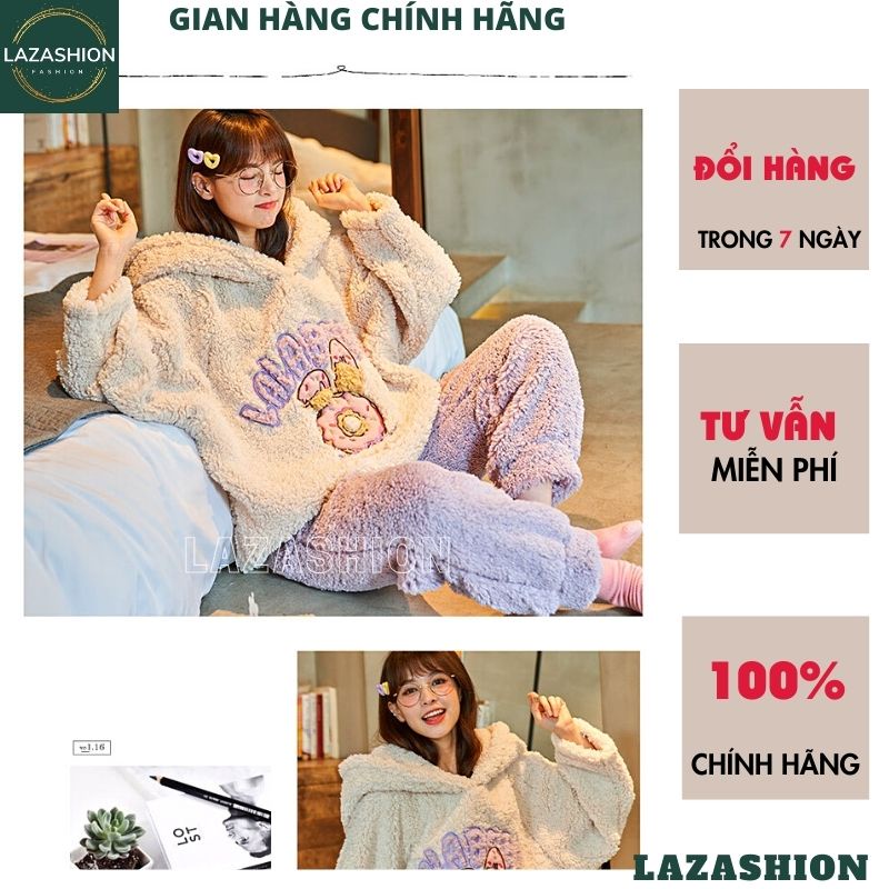 Bộ Lông thỏ mũ bánh donut mặc nhà nữ siêu xinh kute dễ thương , bộ ngủ lông cừu hàn quốc xịn xò - LAZASHION