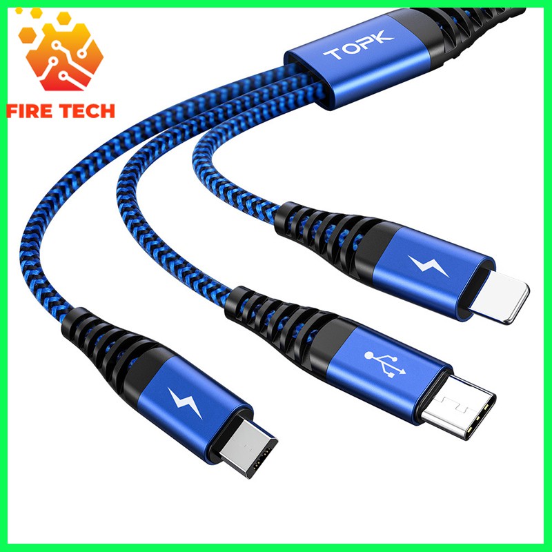 Dây Cáp Sạc 3 Đầu TOPK AN24 Siêu Bền Micro USB, Type C, Lightning