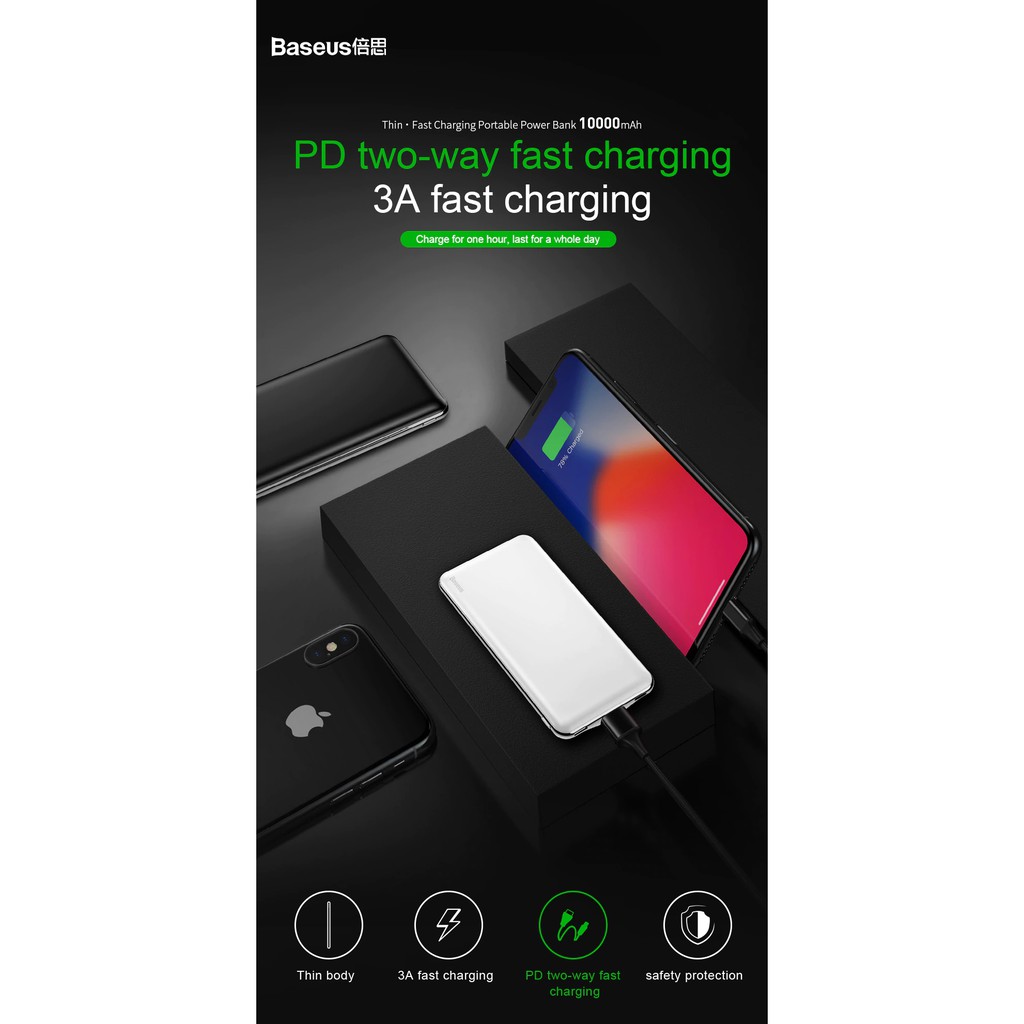 Sạc dự phòng Baseus 10000mAh 3A USB PD cho iPhone XS Max XR Samsung S10 + S10 S9 Huawei Xiaomi