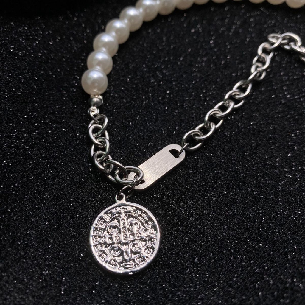 Dây chuyền phối hạt ngọc tròn phong cách hip hop cá tính bằng thép titan