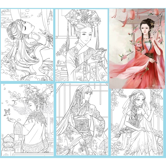 Bộ tranh tô màu chì, nước Anime khổ A4- Lineart