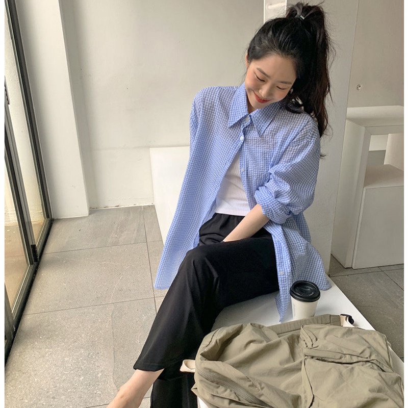 Áo Khoác cotton Dáng Dài Họa Tiết Sọc Caro Phong Cách Hàn Quốc Thời Trang Mùa Xuân Cho Nữ