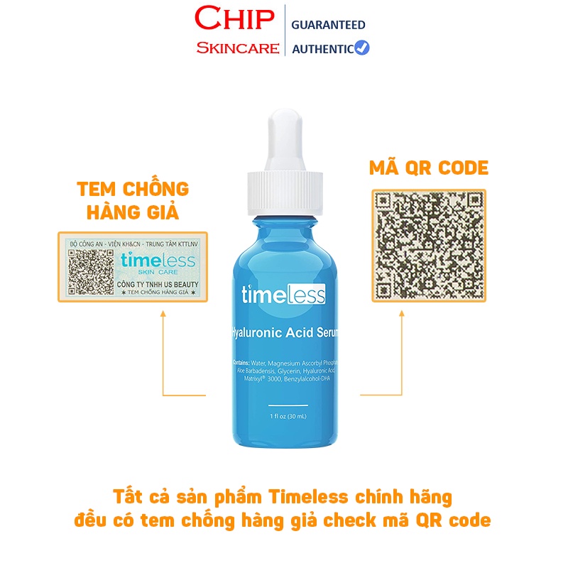 [Mẫu Mới] Hyaluronic Acid + Vitamin C Serum Cấp nước sáng da Timeless 30ml Chip Skincare