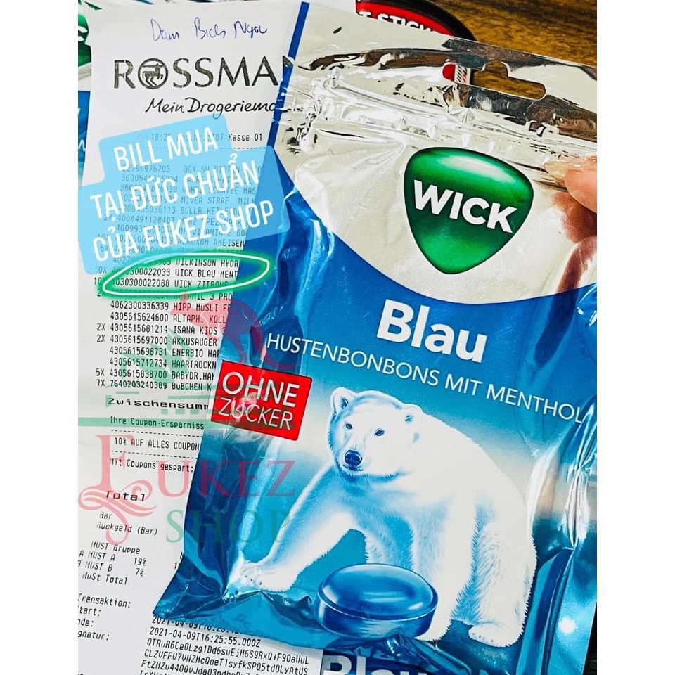 Kẹo ngậm ho không đường WICK giảm nhanh mọi cơn ho 72gram - Bill mua tại Đức