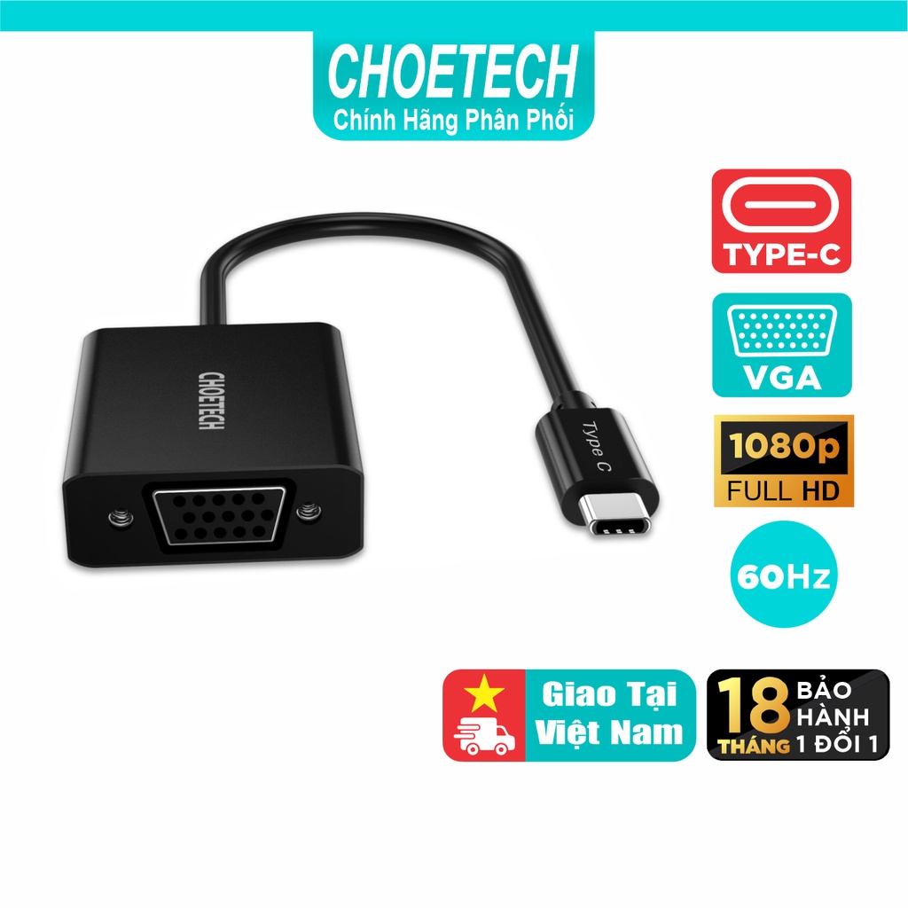 Hub Adapter Chuyển Đổi Cổng USB Type C To VGA CHOETECH HUB-V01 1080P 60Hz - Hàng Chính Hãng