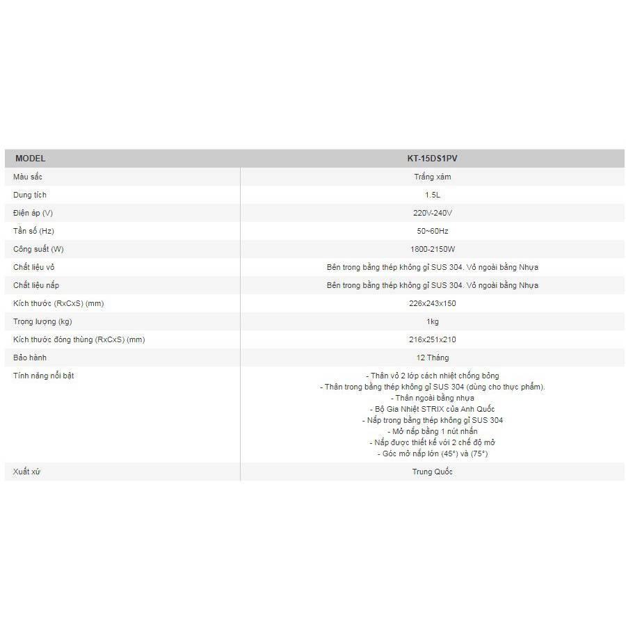 Bình đun siêu tốc Toshiba KT-15DS1PV