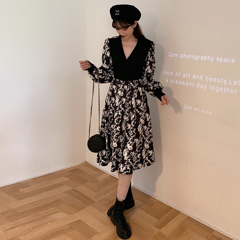 Đầm ZHELIHANGFEI tay dài dáng dài qua gối thời trang theo phong cách retro