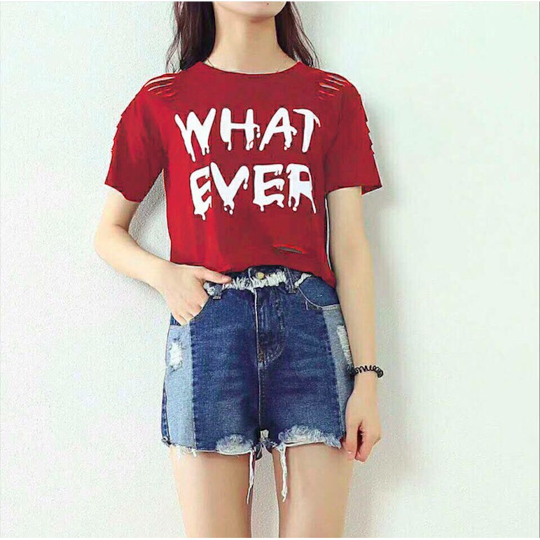 Áo Thun Form Croptop In Chữ WHAT EVER Phối Kiểu Rách Cá Tính TTSL0076