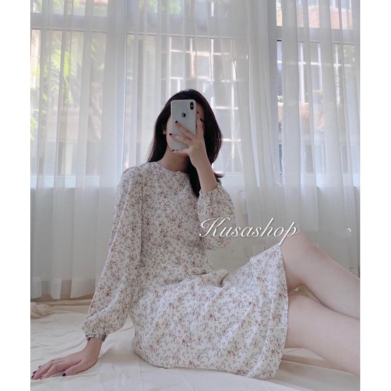 Váy hoa cỏ dài tay cổ tròn vintage