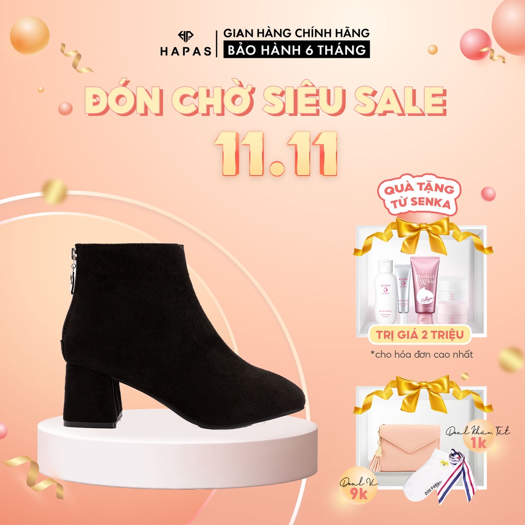 [Mã BATNGO50K0 - giảm 50K - ĐH 500K]Giày Boot Da Lộn Gót Vuông Kéo Khoá HAPAS - 9BOT601