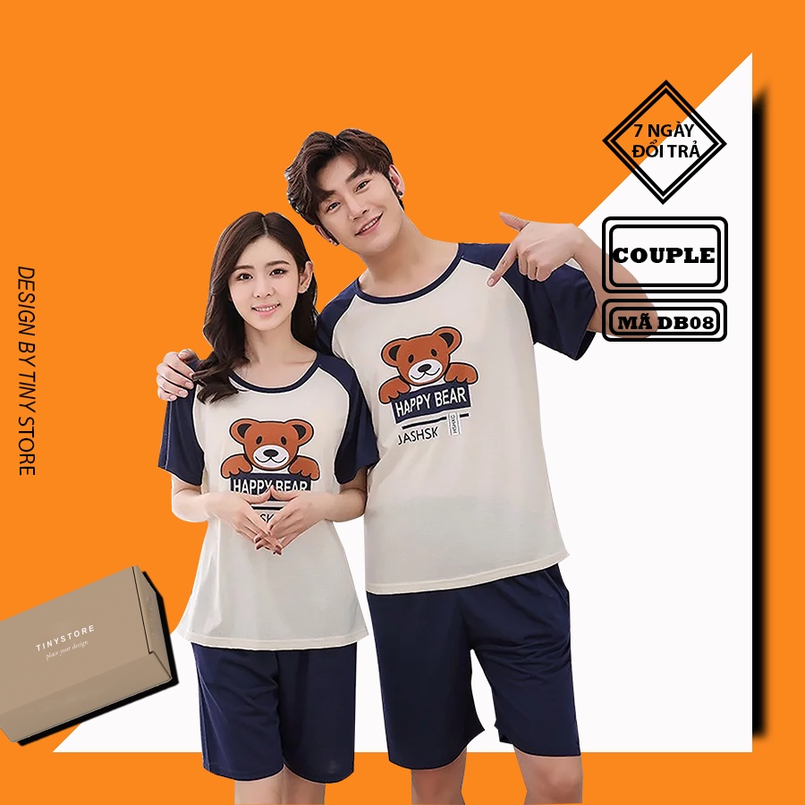 Đồ đôi nam nữ thun cotton, Đồ bộ đôi nam nữ in hình gấu, Đồ ngủ cặp đôi Hàn Quốc mã DB08