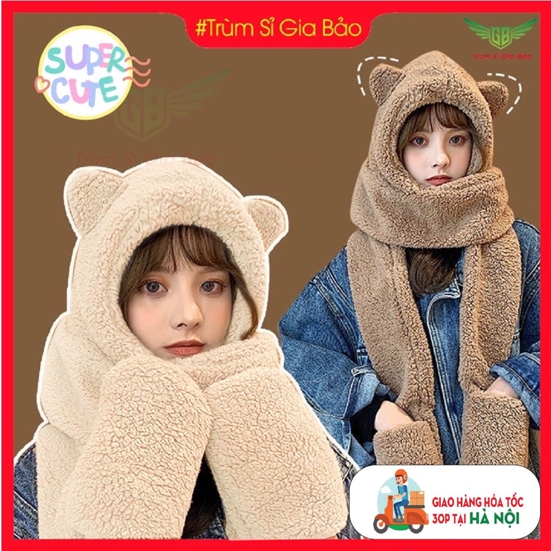 Mũ len nữ kèm khăn quàng cổ thời trang Hàn Quốc , nón lông cừu tai gấu kèm găng tay mùa đông cute ấm áp