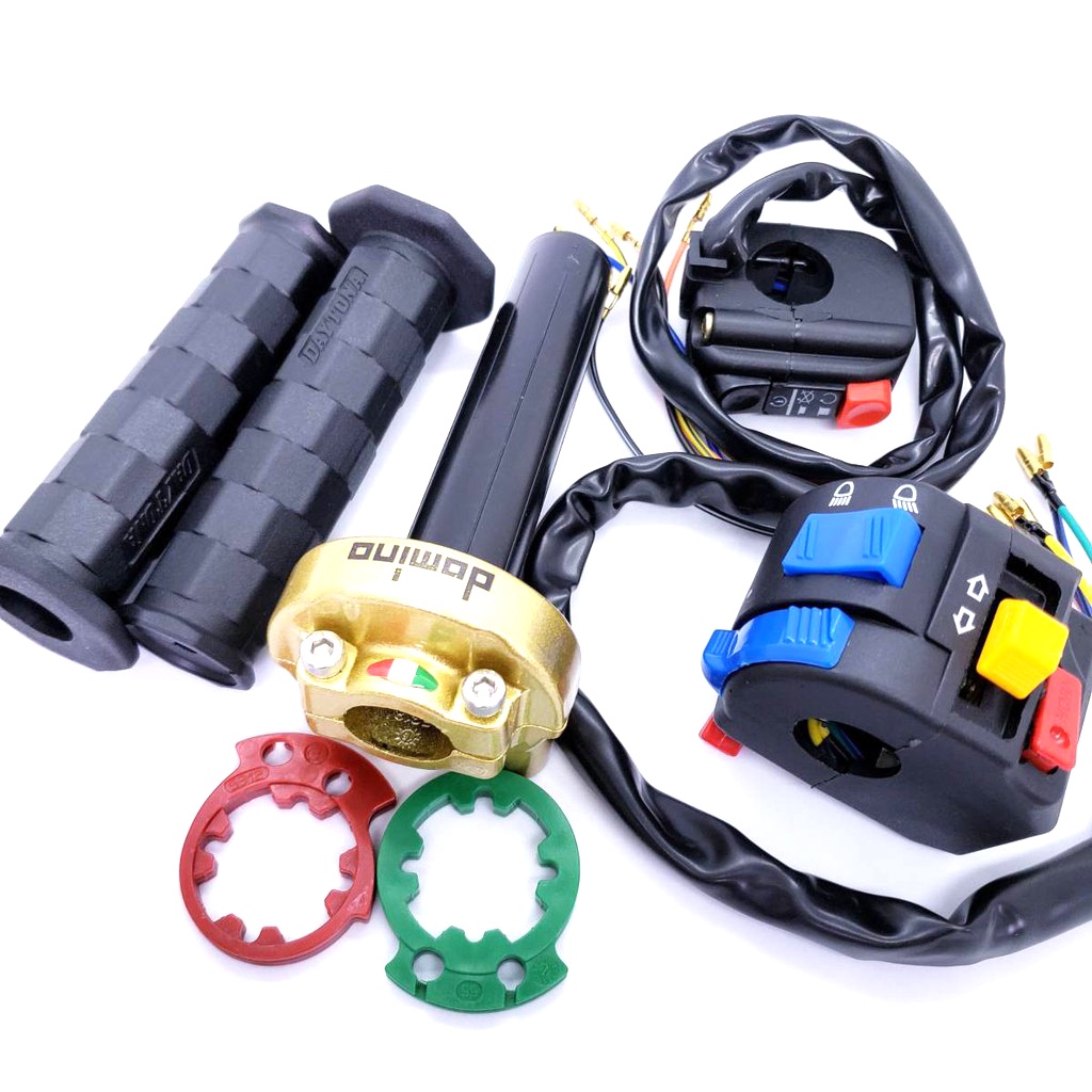 Combo cùm tăng tốc domino 2 dây ga, cùm công tắc fz passing trái phải, 2 bao tay daytona cao cấp gắn xe máy, màu vàng