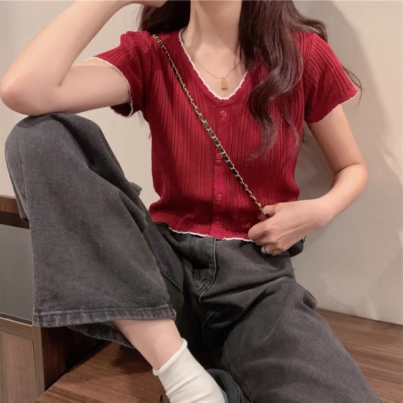 Áo len tăm mỏng cổ V có cúc nhiều màu