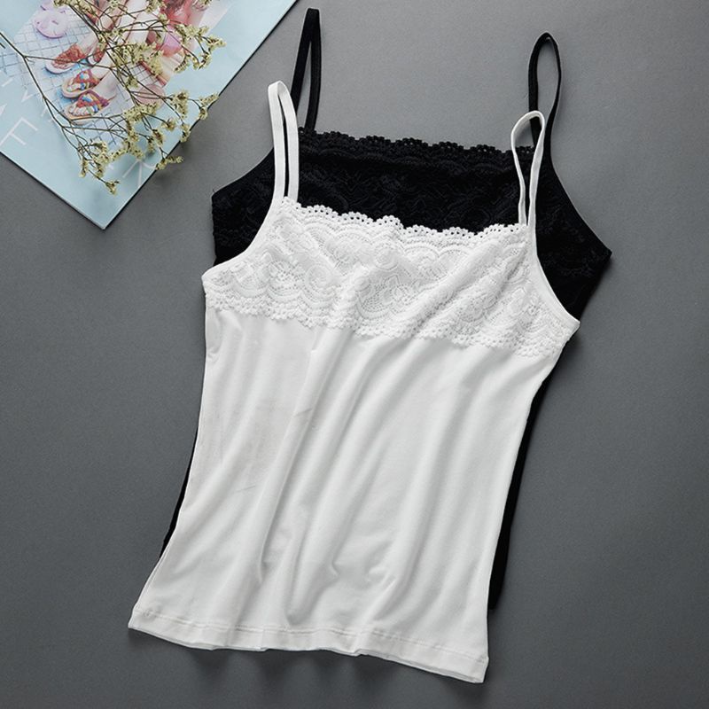 Xiangbao Áo Tank Top Hai Dây Ôm Ngực Phối Ren Hoa Vỏ Sò Cơ Bản Cho Nữ Sl