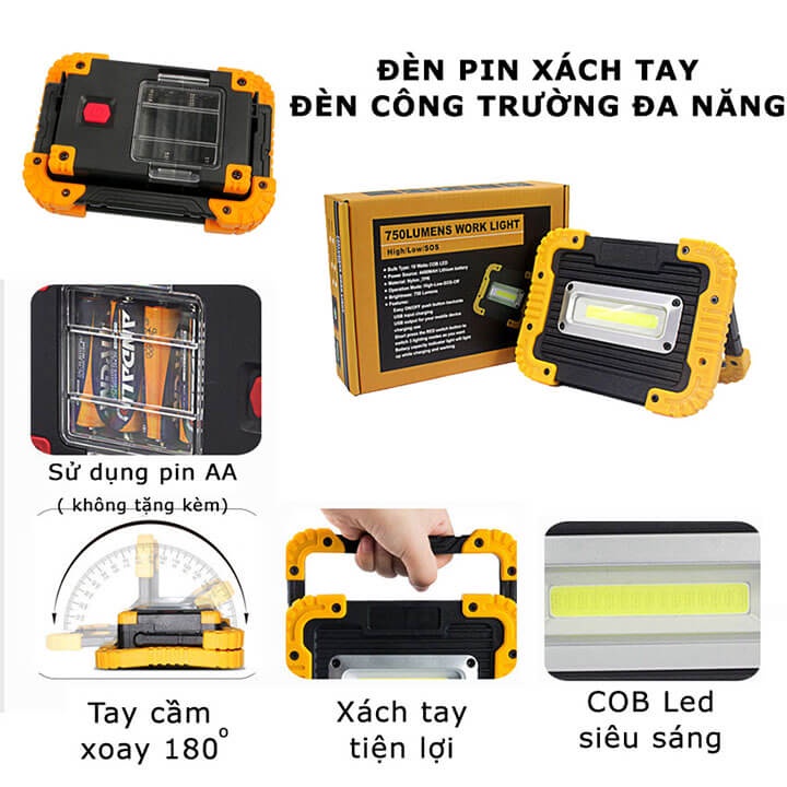 Đèn pin siêu sáng xách tay 30W 750 LUMENS, chống nước IP65, sử dụng pin AA, đèn công trường cao cấp