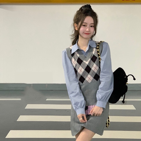 【ZHELIHANGFEI】 / Áo Len Không Tay Dệt Kim Sọc Caro Mùa Xuân