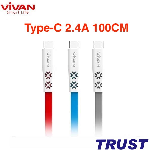 Cáp Sạc Type-C Loại Dẹt 1 mét 2.4A-sạc cho điện thoại Samsung Xiaomi Oppo Huawei -VIVAN CTC100- chính hãng