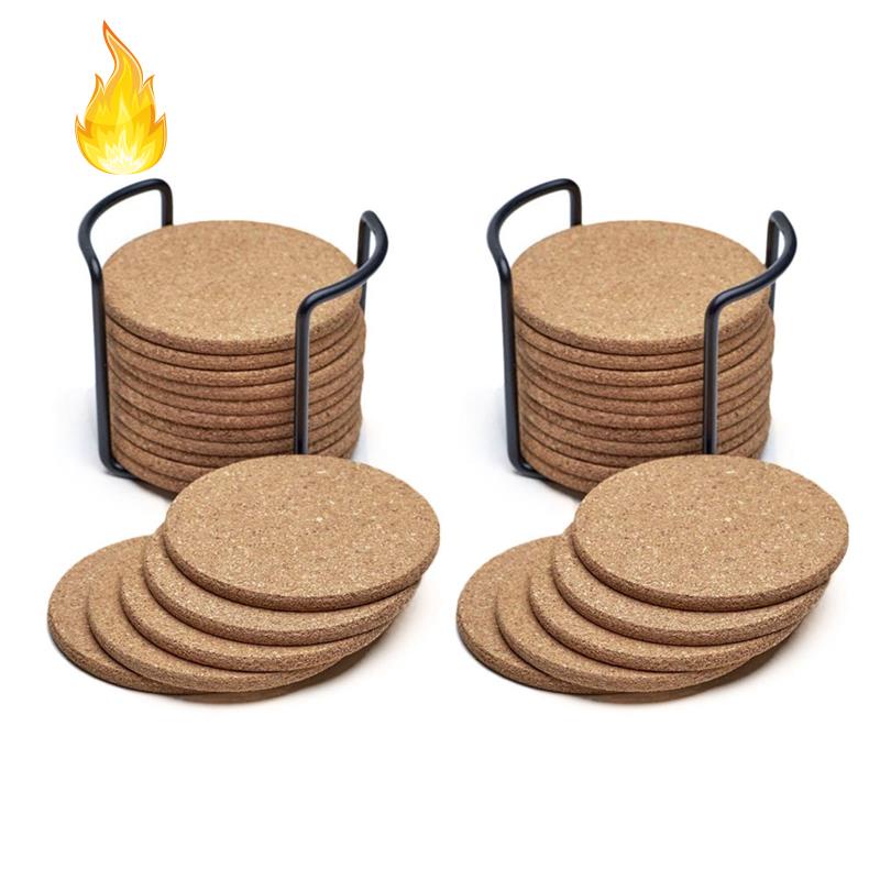 Set 32 đế lót ly hình tròn bằng gỗ bần tự nhiên kèm giá đỡ kim loại 1/5Inch dày dặn thấm hút tốt thân thiện với môi trường
