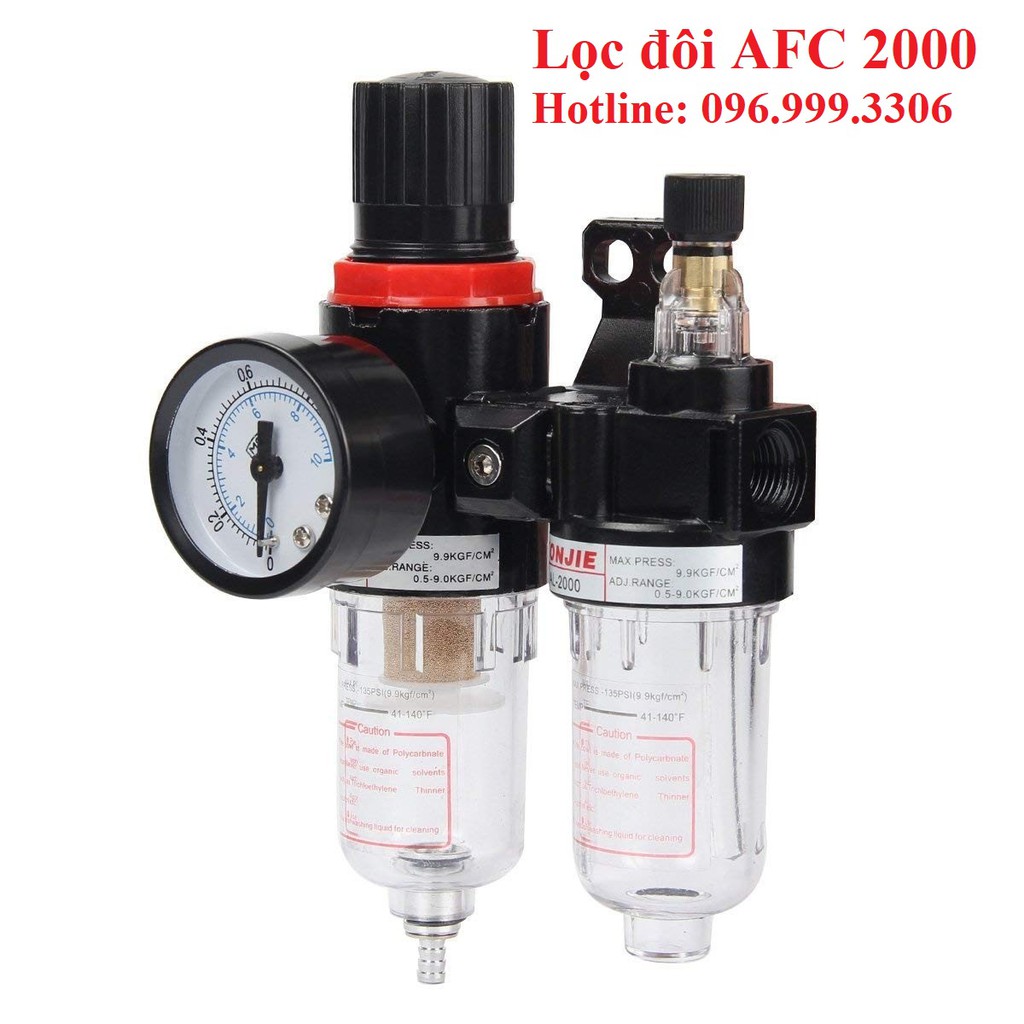 Bộ lọc đôi AFC2000 tách nước và châm dầu, kèm van giảm áp và đồng hồ ren 13mm giá sỉ