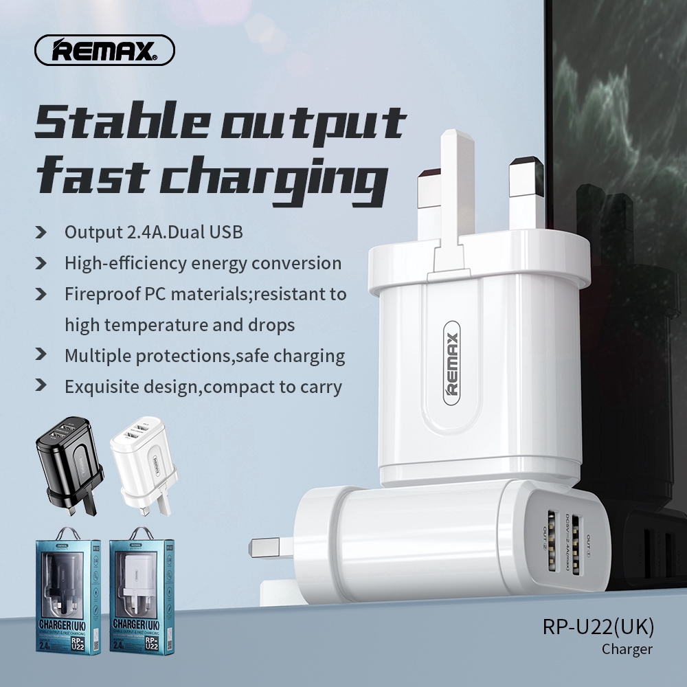 Remax USB 2 Port Charger Plug with UK AU US Indian Plug 2.4A Charging Adapter