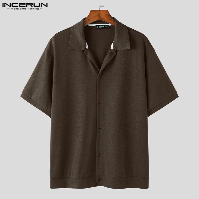 Áo sơ mi INCERUN tay ngắn màu trơn cài nút thời trang lịch lãm cho nam