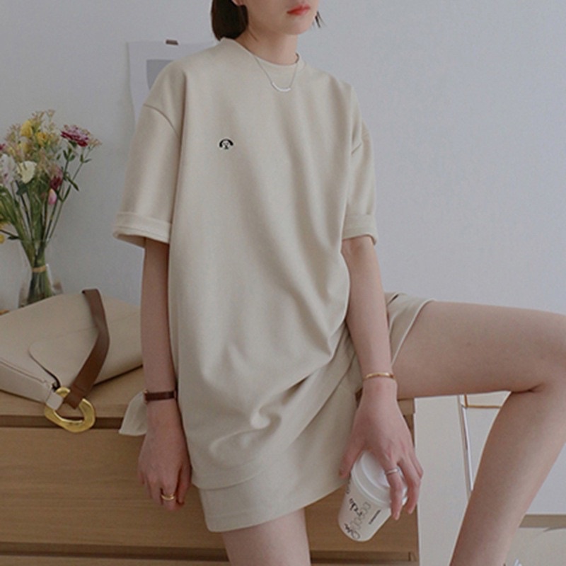 Set Quần Áo Tay Lỡ Màu Be Thêu Hình Cún Ngực Phong Cách Vintage Hàn Quốc Ulzzang Unisex PHULA | BigBuy360 - bigbuy360.vn