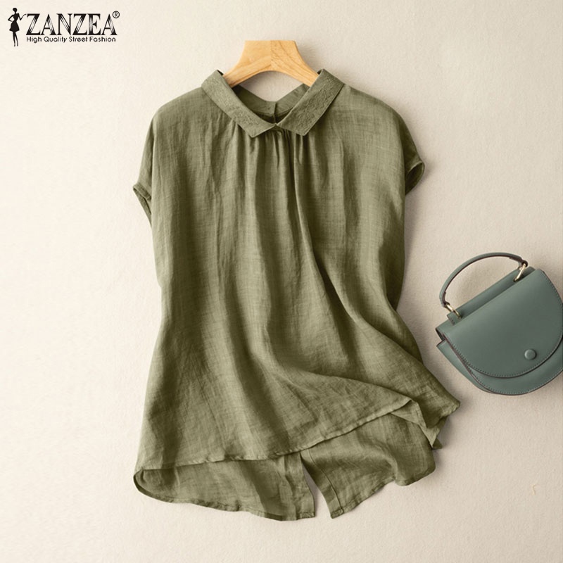 Áo sơ mi Zanzea cổ bẻ cài nút thêu họa tiết màu trơn đáng yêu cho nữ